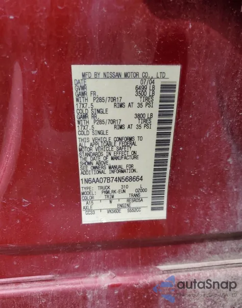 2004 Nissan Titan Xe from USA, damaged, VIN 1N6AA07B74N568664